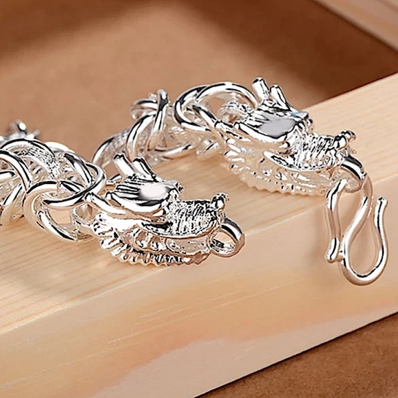 Dragon Viking Sterling Silver Byzantine Chain Link Bracelet - Picture 3 of 5